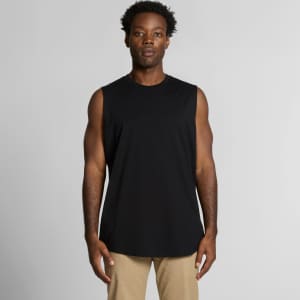 A black sleeveless tank top is displayed on a model, featuring a relaxed fit and a subtle logo.