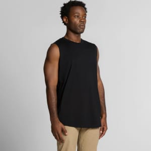 A black sleeveless tank top worn by a model, featuring a simple design and a logo on the fabric.