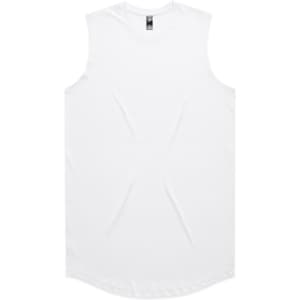 A white sleeveless tank top with a curved hem, featuring a logo at the neck.