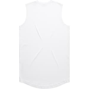 A white sleeveless tank top with a curved hem, featuring a branding logo on the back.