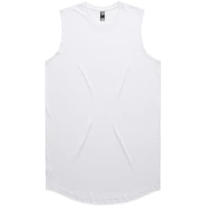 A plain white sleeveless tank top with a rounded hem and a logo on the tag.