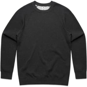 A dark grey jumper with long sleeves and a crew neck design. It features a tag and a subtle logo.