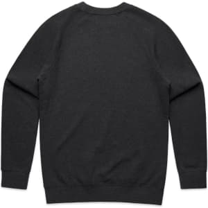 A dark grey jumper with long sleeves and a round neckline, featuring a plain back and no visible graphics.