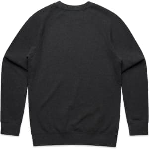 A dark grey sweater featuring a classic crew neckline and long sleeves, with a plain back and a logo.