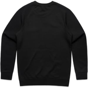 A black jumper features a simple and smooth design with a round neckline and long sleeves. It has a logo on the back.