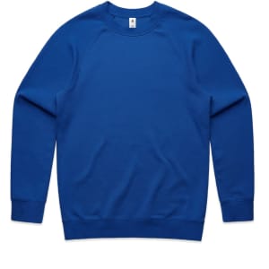 A blue jumper featuring long sleeves and a round neck design. The jumper has a logo on it.