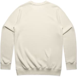 A cream-coloured sweater featuring a simple design and a branding logo on the back.