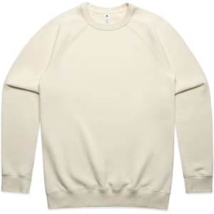 A cream-coloured sweater with a classic crew neck and raglan sleeves. It features a branding logo.