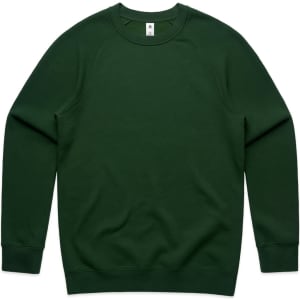 A green sweater featuring long sleeves and a round neckline, with a plain design and a logo tag.