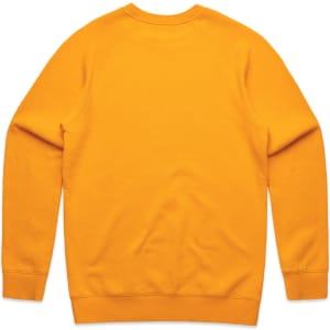 A vibrant yellow sweater features a clean back design and raglan sleeves. It has a logo on the back.