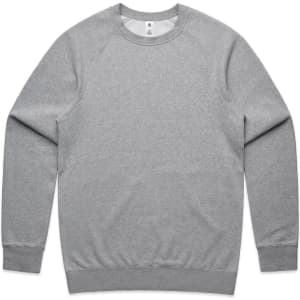 A grey jumper with long sleeves and a crew neck, featuring a logo on the inside collar.