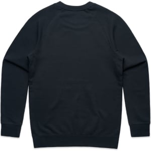 A dark green jumper with a simple design and ribbed cuffs, featuring a logo on the back.