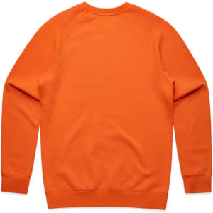 An orange jumper with a crew neckline and long sleeves, featuring a plain back. It has a logo on it.