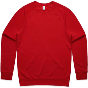A red jumper featuring long sleeves and a crew neck design, with a logo on the label inside.