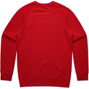 A red jumper with long sleeves and a round neckline, featuring a plain back and a logo.