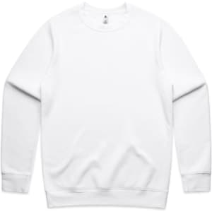 A white jumper with long sleeves and a round neck, featuring a branding logo on the inside.