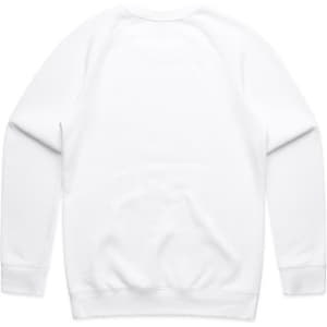 A white jumper with long sleeves and a rounded neckline, featuring a plain back and ribbed cuffs.