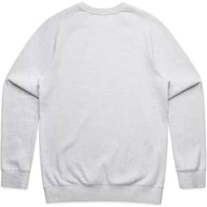 A grey jumper with a ribbed hem and cuffs, featuring a plain back design. Includes a logo.