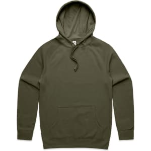 An olive green hoodie featuring a front pocket and a drawstring hood, with a logo on the front.