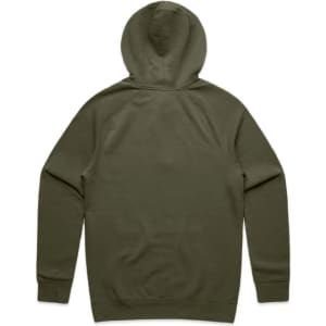 A green hoodie with a hood and long sleeves, featuring a plain design on the back and a branding logo.