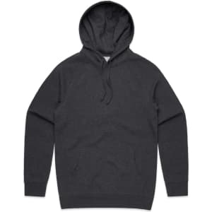 A charcoal grey hoodie featuring a front pocket and a hood, with a logo present.