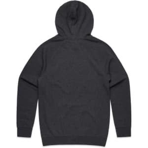 A dark grey hoodie with a hood and long sleeves, featuring a simple design. Includes a logo on the fabric.