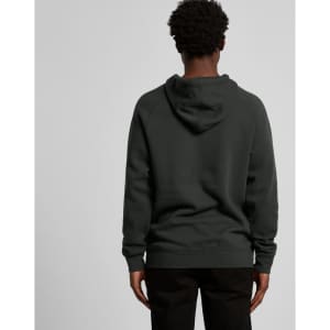 A dark grey hoodie with a hood, featuring a simple design and a logo on the back.
