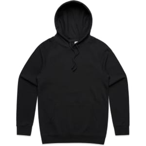 A black hoodie with a front pocket and a drawstring hood, featuring a logo on the front.