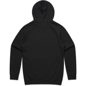 A black hoodie featuring a hood and long sleeves, with a smooth back design and a logo present.