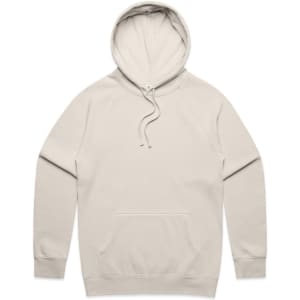 A beige hoodie with a front pocket and a drawstring hood, featuring a small logo.