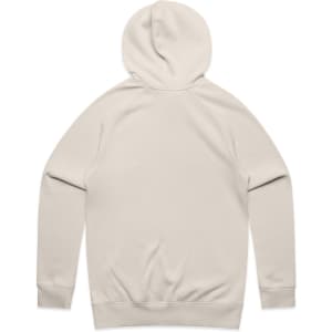 A plain beige hoodie with a back view, featuring a hood and long sleeves. The hoodie has a simple design and includes a logo.