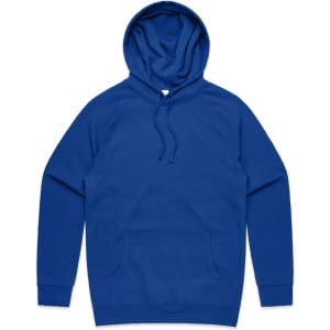 A blue hoodie with a front pocket and an adjustable hood, featuring a logo.