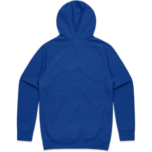 A blue hoodie with a hood and long sleeves. The back view features a smooth, unembellished design.