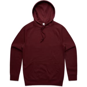 A maroon hoodie featuring a kangaroo pocket and a drawstring hood, with a logo on the design.
