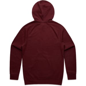 A maroon hoodie featuring a spacious hood and long sleeves, with a logo present on the garment.