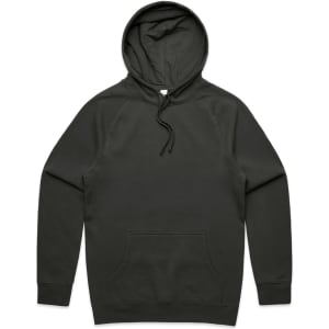 A dark green hoodie with a front pocket and a drawstring hood, featuring a logo on the label.