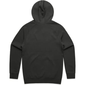 A dark grey hoodie with a hood and raglan sleeves, featuring a smooth back design. It has a logo.