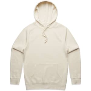 A cream-coloured hoodie with a front pocket and a drawstring hood. It features a logo on the front.