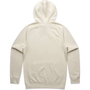 A beige hoodie featuring a hood and long sleeves, with a plain back design and a brand logo.