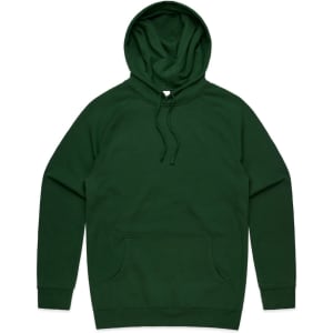 A green hoodie featuring a kangaroo pocket and an adjustable hood. The garment has a branding logo.