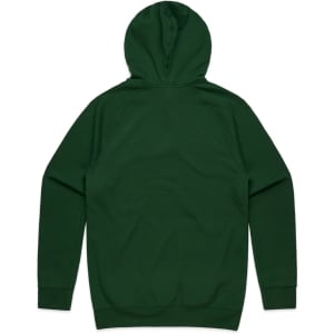 A green hoodie featuring a back view with a hood and long sleeves, including a logo on the fabric.