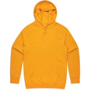 A bright yellow hoodie featuring a front pocket and a drawstring hood. It includes a logo.