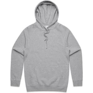 A grey hoodie with a front pocket and a drawstring hood, featuring a logo on one side.