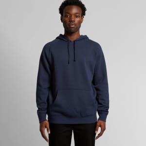 A navy hoodie featuring a front pocket and a drawstring hood, with a logo on one side.