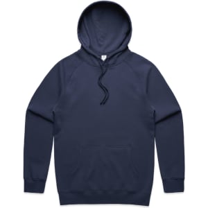 A navy hoodie with a kangaroo pocket and a drawstring hood, featuring a logo.