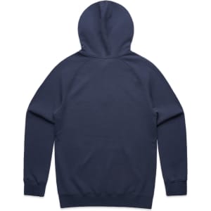 A navy hoodie with a kangaroo pocket and a hood, featuring a logo on the back.
