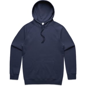 A navy hoodie featuring a kangaroo pocket and a drawstring hood, with a logo on the front.