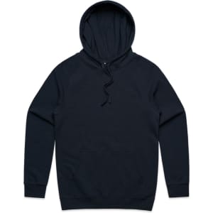A black hoodie with a drawstring and a front kangaroo pocket, featuring a branding logo.