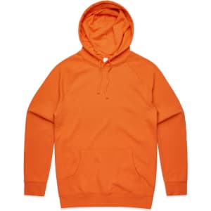 An orange hoodie with a front pocket and a hood, featuring a logo.