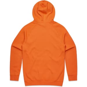 An orange hoodie with a hood and long sleeves, featuring a logo on the back.